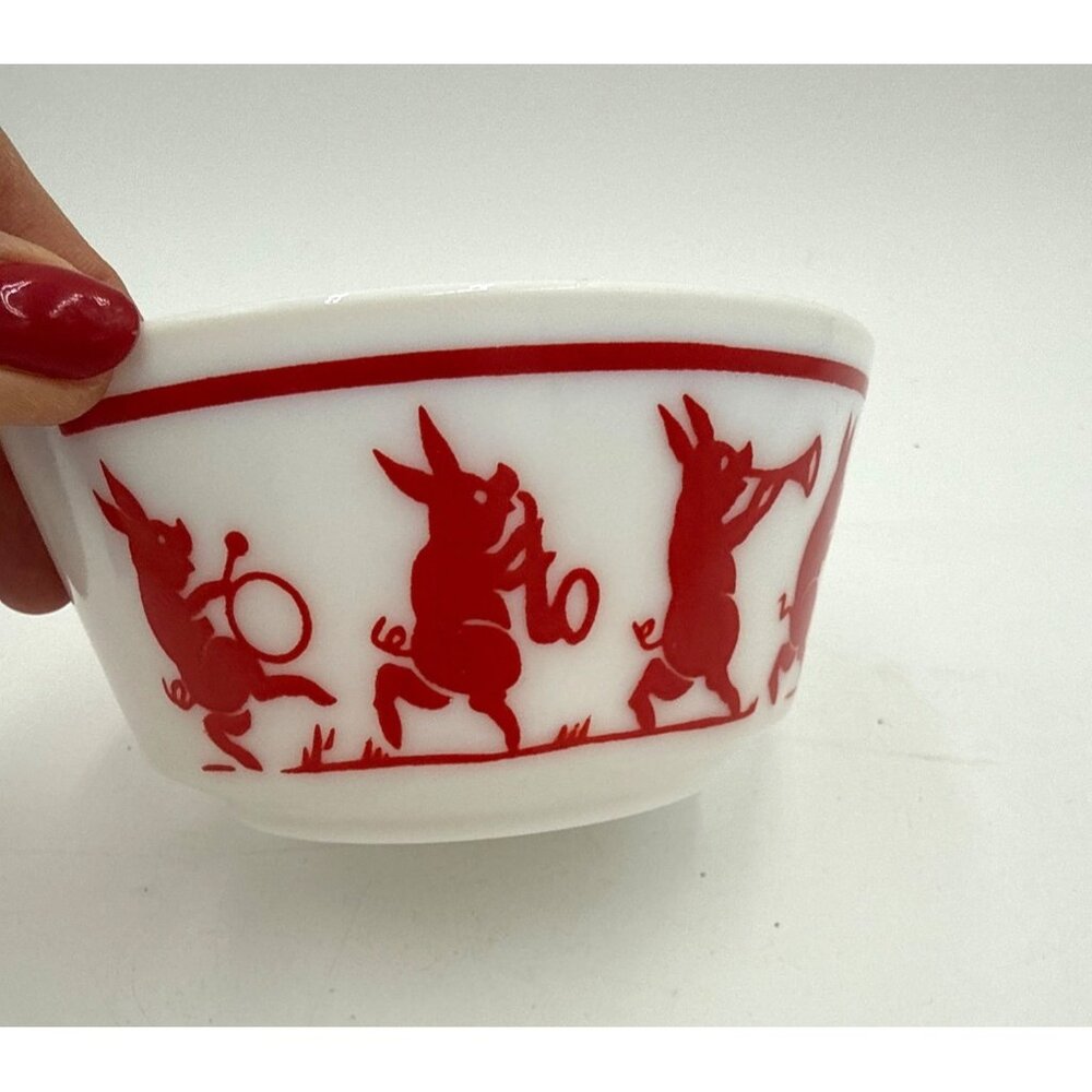 Vintage Hazel-Atlas Kiddie Ware Milk Glass Bowl With Red Pig Parade Design